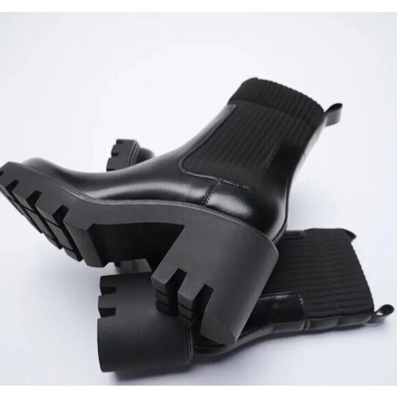 Zara Track Sole Black Sock Boot Size 38 Moto Combat Boots Slip On Heeled - Picture 14 of 16